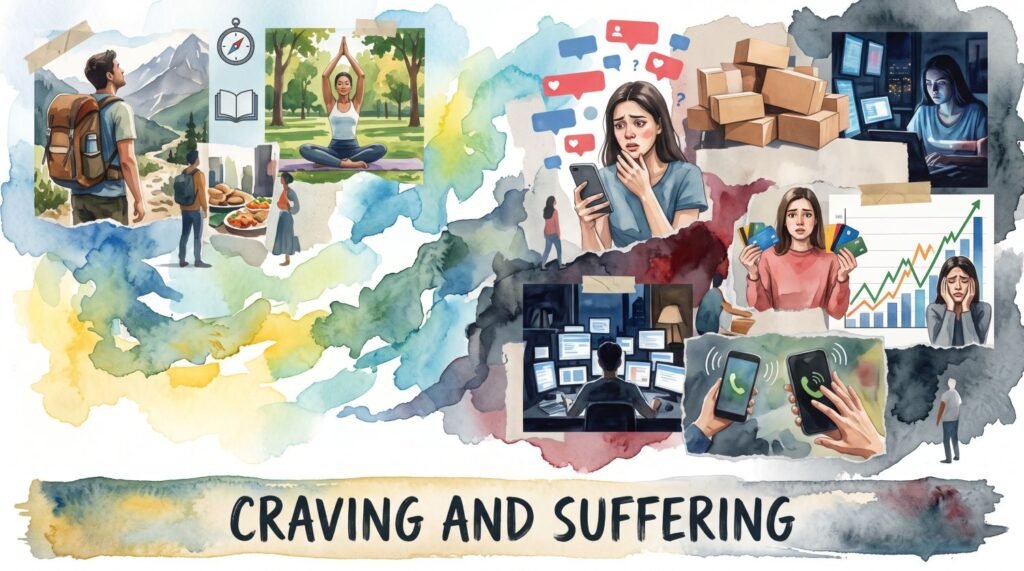 A watercolor collage contrasting peaceful outdoor activities with stressful scenes of modern technology and consumerism, featuring the text "CRAVING AND SUFFERING" at the bottom.