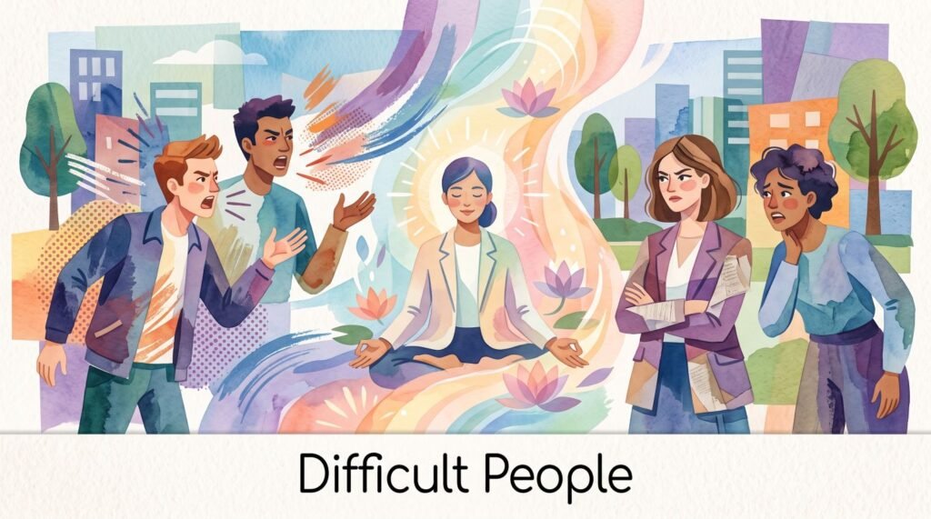 Watercolor illustration titled "Difficult People" showing a woman meditating calmly in a glowing aura while surrounded by angry and stressed individuals.