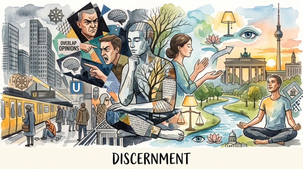 Watercolor illustration titled "Discernment" featuring a central meditating figure split between a chaotic, stressful urban scene on the left and a serene, peaceful landscape with Berlin landmarks on the right.