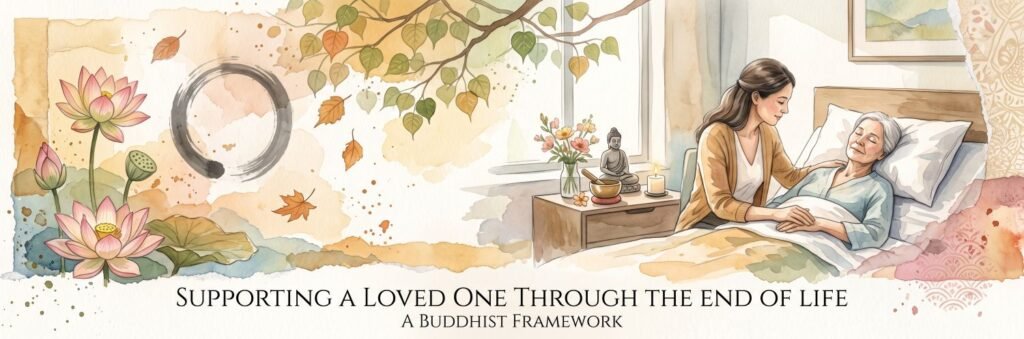 Watercolor illustration of a woman holding the hand of an elderly person in bed, accompanied by Buddhist symbols like lotus flowers, an Enso circle, and a Buddha statue. Text at the bottom reads, "Supporting a Loved One Through the End of Life: A Buddhist Framework.