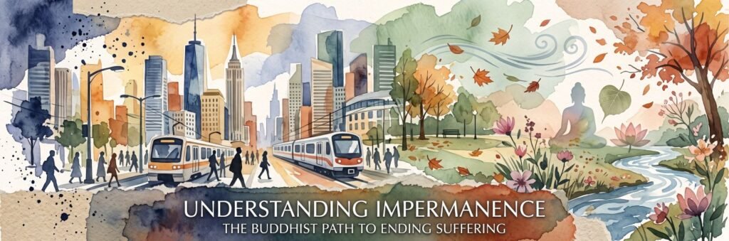 A watercolor illustration contrasting a busy city scene with trains and commuters on the left, transitioning into a peaceful nature scene with a Buddha silhouette, flowing river, and autumn leaves on the right. Text at the bottom reads: "Understanding Impermanence: The Buddhist Path to Ending Suffering.