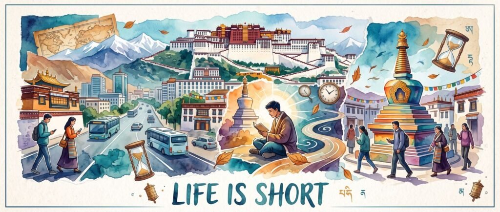 Watercolor illustration of a monk reading among Tibetan stupas, hourglasses, and modern city life with the text LIFE IS SHORT.