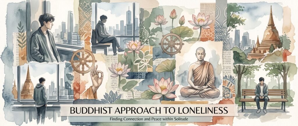 A watercolor collage showing solitary figures in urban settings alongside Buddhist symbols like a meditating monk, lotus flowers, and Dharma wheels, with text at the bottom reading, "BUDDHIST APPROACH TO LONELINESS: Finding Connection and Peace within Solitude.