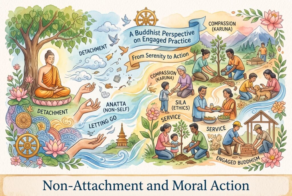 A watercolor-style illustration titled "Non-Attachment and Moral Action" visually contrasts inner meditation with outward community service. A central banner reads "A Buddhist Perspective on Engaged Practice: From Serenity to Action." The left side of the image illustrates inner peace, featuring a meditating Buddha seated on a lotus under a tree, surrounded by swirling clouds, lotus flowers, and hands in mudras. This section includes the text labels "DETACHMENT," "ANATTA (NON-SELF)," and "LETTING GO," with small objects depicted floating away in the breeze to symbolize releasing worldly attachments. The right side illustrates engaged action, showing diverse groups of people participating in community and environmental acts, such as planting trees, sharing meals, caring for a dog, and building a structure. Text labels on this side include "COMPASSION (KARUNA)," "SILA (ETHICS)," "SERVICE," and "ENGAGED BUDDHISM." A flowing river and scenic landscape seamlessly connect the two halves of the illustration.
