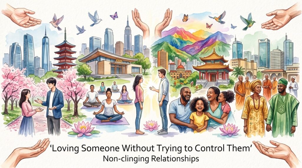 A watercolor illustration of diverse people connecting peacefully across various global settings, framed by open hands, with the text "'Loving Someone Without Trying to Control Them' Non-clinging Relationships" at the bottom.