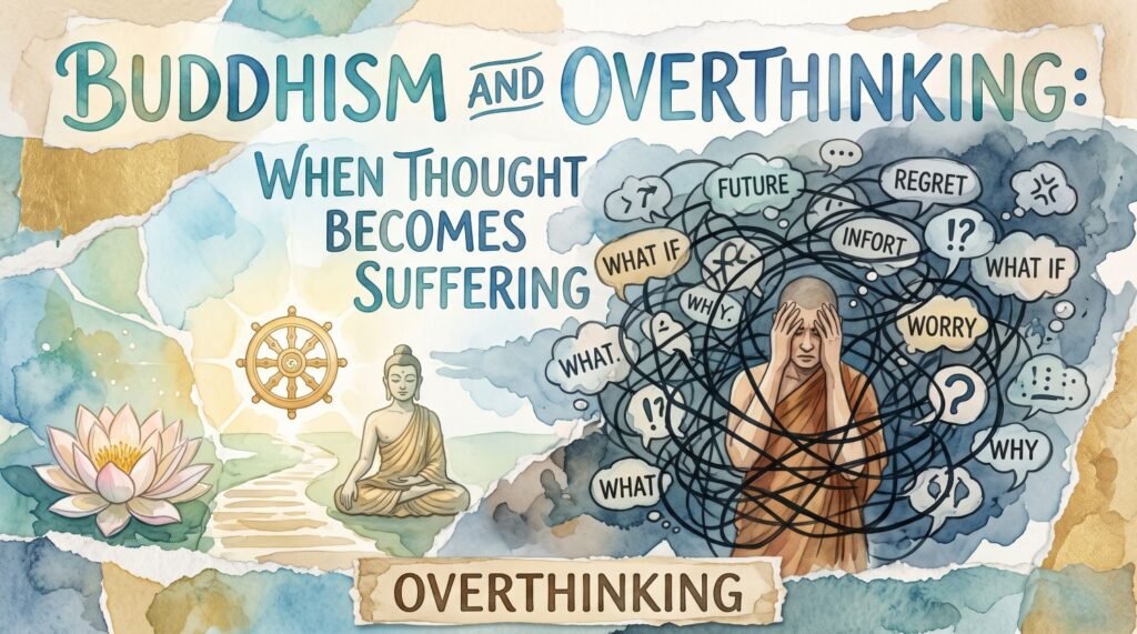 An infographic with a split design titled "BUDDHISM AND OVERTHINKING: WHEN THOUGHT BECOMES SUFFERING" in stylized letters. The left side is light and peaceful, featuring a meditating Buddha statue, a golden Dharma wheel, a pink lotus flower, and a winding path, all in soft watercolor tones. The right side is dark and turbulent, showing a Buddhist monk in orange robes covering their face with their hands, engulfed by a massive, chaotic tangle of black lines and numerous dark speech bubbles filled with questions and anxious thoughts: "WHAT IF," "FUTURE," "REGRET," "WORRY," "WHY," and "INFOORT!?". A paper banner at the bottom reads "OVERTHINKING."