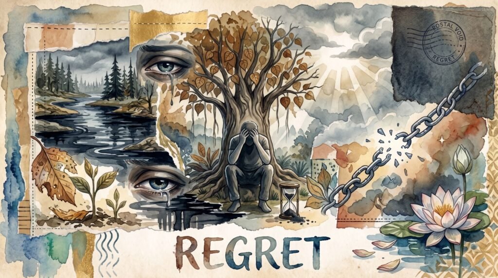 Watercolor collage illustrating the concept of regret, featuring a distressed person sitting under a tree surrounded by crying eyes, an hourglass, a broken chain, and the word REGRET.