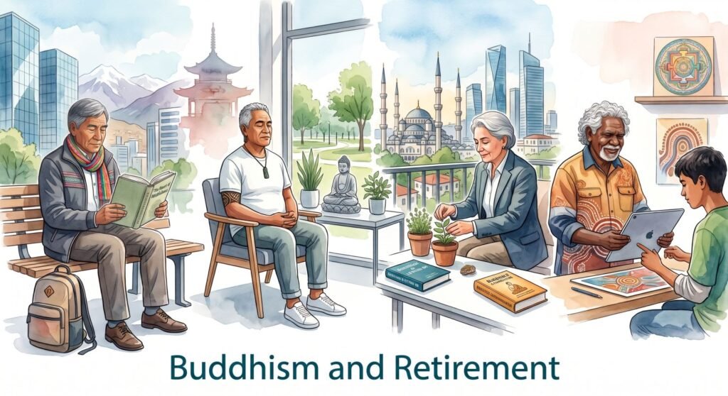 Watercolor illustration titled 'Buddhism and Retirement' depicting diverse older adults engaged in mindful activities like reading, meditating, tending to plants, and sharing art across various serene settings.