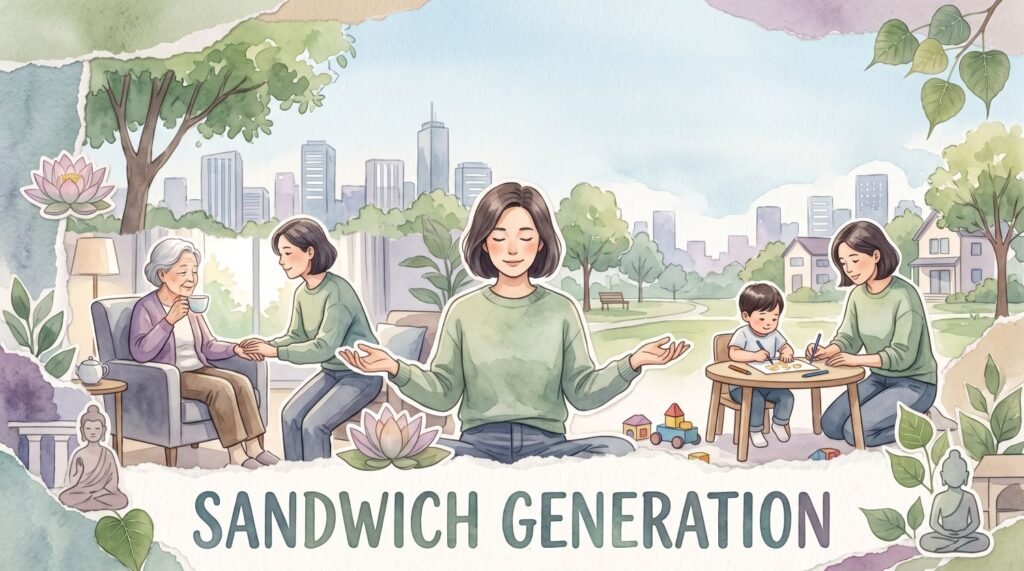 Watercolor collage illustrating the Sandwich Generation, featuring a central woman meditating peacefully, flanked by scenes of her holding hands with an elderly woman on the left and helping a young boy draw on the right.