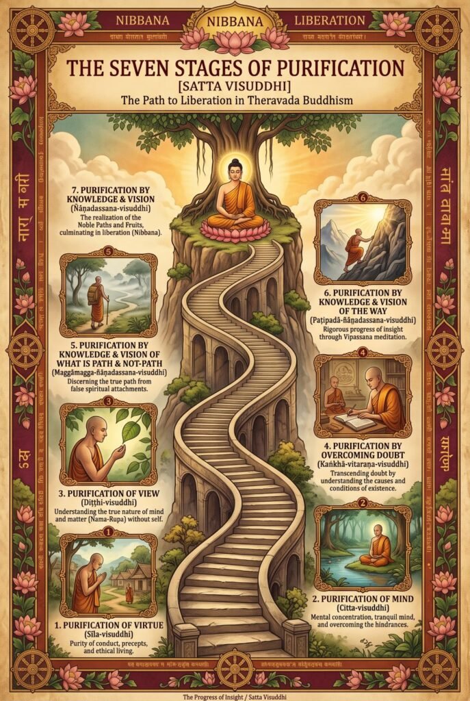 An illustrated diagram titled The Seven Stages of Purification (Satta Visuddhi), depicting a winding staircase ascending a mountain to a seated Buddha, surrounded by seven numbered panels detailing the Theravada Buddhist path to liberation