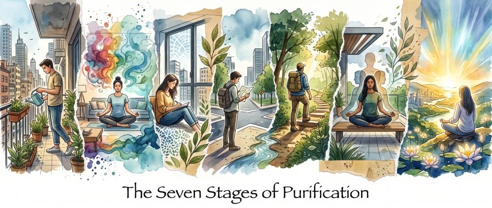 A seven-panel watercolor illustration titled The Seven Stages of Purification. It shows a progression from everyday actions like watering plants, through various stages of study, journeying, and meditation, culminating in a radiant sunrise over a lotus pond.