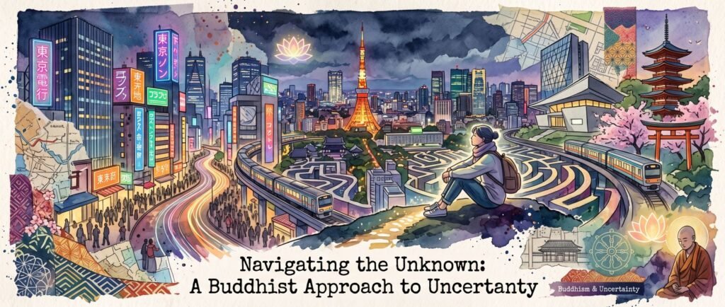 A watercolor-style collage showing a person with a backpack overlooking a bustling city with winding train tracks, neon lights, and traditional architecture. Buddhist elements like a glowing lotus, dharma wheel, and a meditating monk are woven into the scene. Text at the bottom reads: "Navigating the Unknown: A Buddhist Approach to Uncertainty".