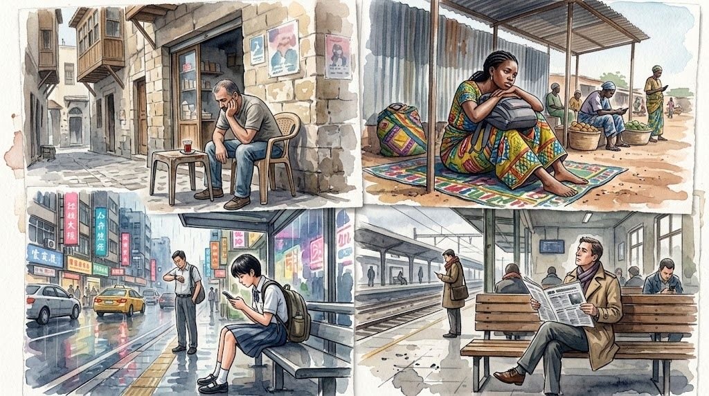 A watercolor collage of four scenes depicting people waiting: a man sitting outside a stone building, a woman resting on a mat under a shelter, a student checking a phone at a rainy city bus stop, and a man reading a newspaper on a train station bench.