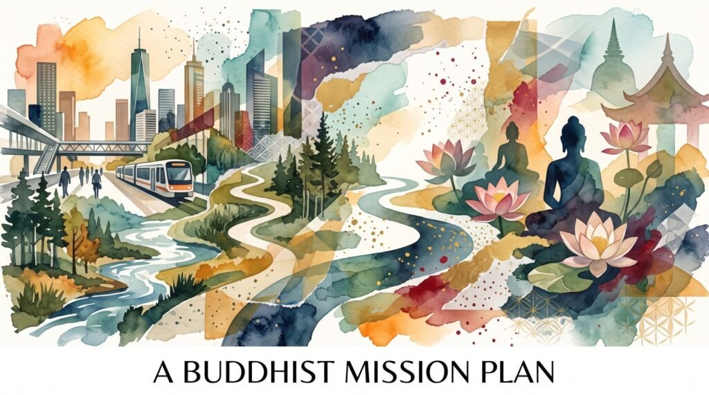 A vibrant watercolor banner reading "A BUDDHIST MISSION PLAN" across the bottom. The artwork depicts a flowing river and winding path connecting two scenes: a modern city skyline with a commuter train on the left, and a tranquil nature scene featuring a Buddha silhouette, pink lotus flowers, and a traditional temple roof on the right.