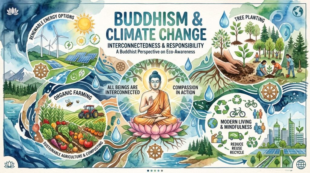 An infographic titled "Buddhism & Climate Change: Interconnectedness & Responsibility," centering a Buddha seated on a lotus flower. Surrounding panels illustrate eco-awareness concepts: renewable wind and solar energy, sustainable organic farming and composting, community tree planting, and mindful modern living emphasizing reducing, reusing, and recycling.
