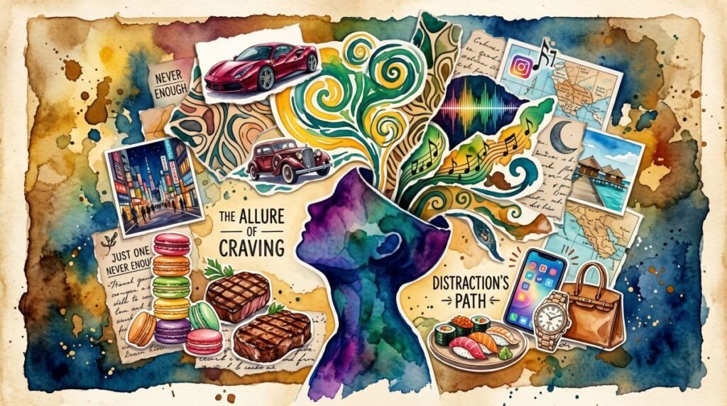 A vibrant watercolor collage representing the restless mind and constant desire, featuring a head profile emitting a chaotic stream of luxury items, social media icons, and consumer goods, accompanied by the phrases "Never Enough" and "The Allure of Craving."