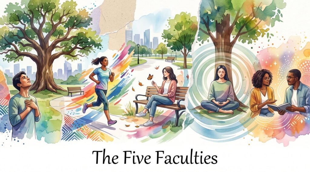 Watercolor illustration titled "The Five Faculties" showing people in nature engaged in mindfulness, exercise, and study.