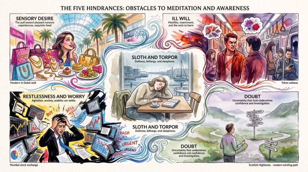 An illustrated infographic titled "The Five Hindrances: Obstacles to Meditation and Awareness". It depicts five distinct scenes: sensory desire in a Dubai mall, ill will on a Tokyo subway, sloth and torpor in a cafe, restlessness and worry at the Mumbai stock exchange, and doubt at a crossroads in the Scottish Highlands.