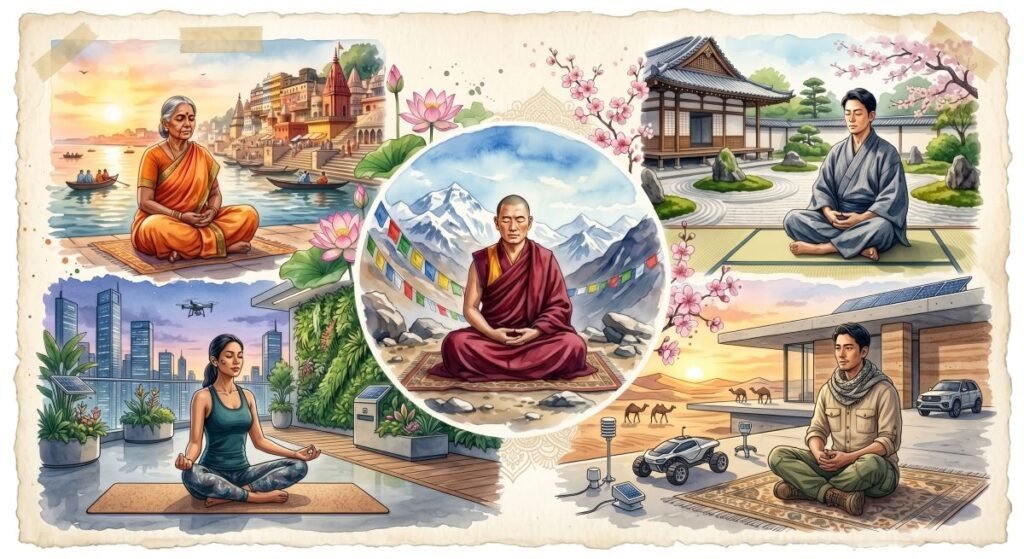 A watercolor-style collage illustrating five diverse people meditating in different settings around the world: a Buddhist monk in a mountainous landscape with prayer flags in the center, an older woman by an Indian riverbank at sunrise, a man in a Japanese Zen garden, a young woman on a high-tech city balcony, and a man outside a modern desert home.
