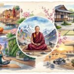 A watercolor-style collage illustrating five diverse people meditating in different settings around the world: a Buddhist monk in a mountainous landscape with prayer flags in the center, an older woman by an Indian riverbank at sunrise, a man in a Japanese Zen garden, a young woman on a high-tech city balcony, and a man outside a modern desert home.