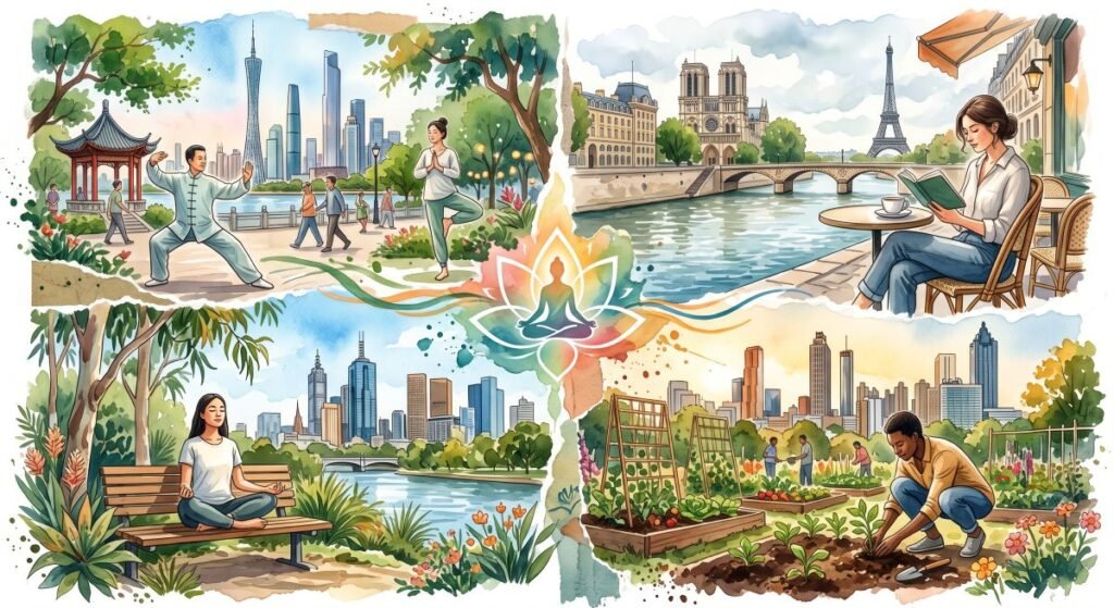 Watercolor illustration showing people practicing mindfulness across four global cities, featuring tai chi, reading at a cafe, meditating on a park bench, and urban gardening, united by a central lotus symbol.