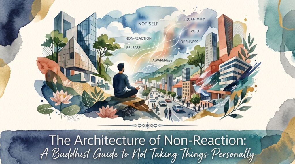 Watercolor illustration of a person meditating on a rocky overlook facing a modern city, titled 'The Architecture of Non-Reaction: A Buddhist Guide to Not Taking Things Personally'.