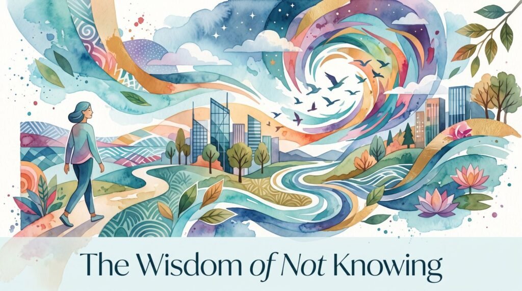 Colorful watercolor illustration of a woman walking on a winding path through a surreal, flowing landscape toward a city skyline, with the text "The Wisdom of Not Knowing" at the bottom.
