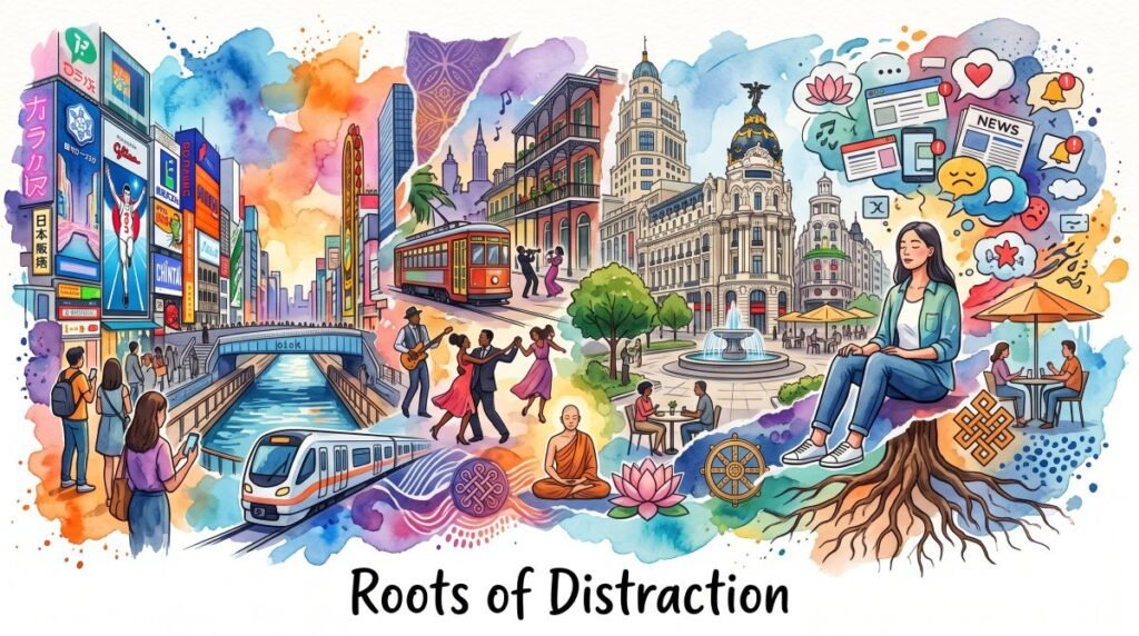 A colorful watercolor illustration titled "Roots of Distraction" depicting a woman meditating by tree roots while digital notifications float above her, set against a vibrant backdrop of global scenes including a neon-lit street, a river with a train, a European plaza, dancers, and a meditating monk.