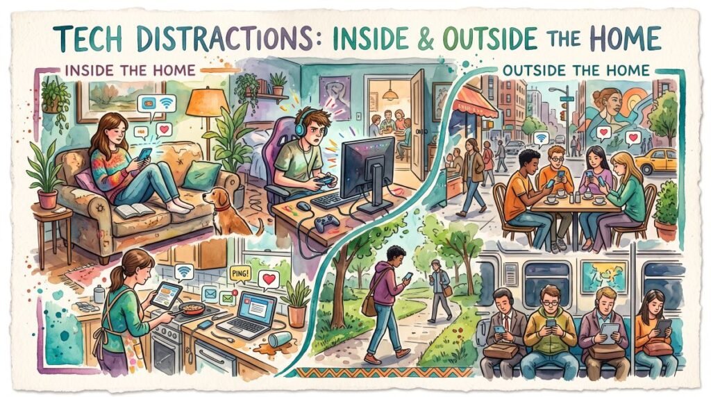 A split illustration titled "Tech Distractions: Inside & Outside the Home" depicting individuals ignoring their surroundings to look at screens while lounging, cooking, gaming, sitting at a cafe, walking in a park, and riding a train.