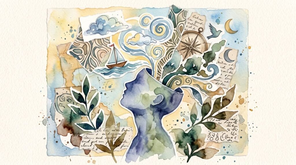 Watercolor collage illustration of a person's head in profile silhouette, with creative elements like a sailboat, vintage compass, swirling clouds, botanical leaves, a crescent moon, and handwritten notes bursting from their mind to symbolize imagination and thought.