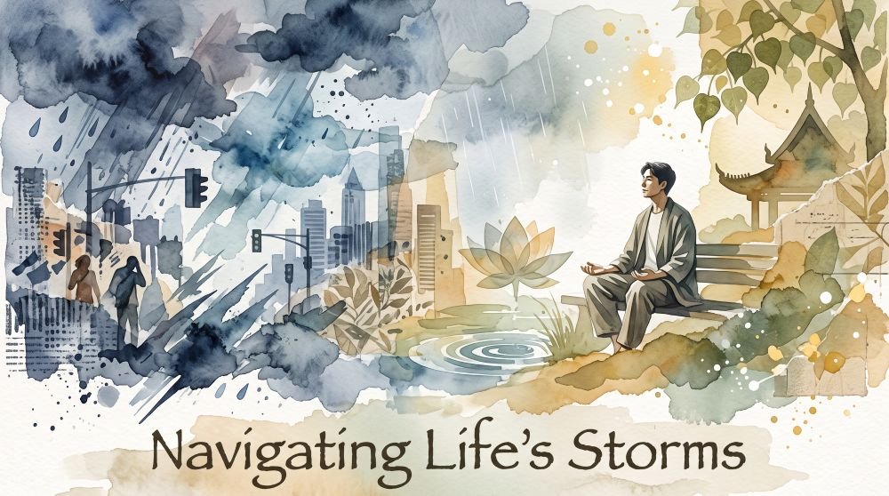 Watercolor illustration of a man meditating under a Bodhi tree, finding inner peace despite a stormy city skyline.`